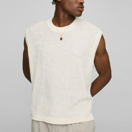 Men's Summer Casual Vest Loose Fitting Polyester Breathable Oversized Ribbed Knitted Tank Top Vintage Perspective Hollow Design