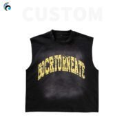 Custom 100% Cotton High Quality Street Retro Washed Distressed Vests Sleeveless t Shirts Boxy Crew Neck Printed Vests for Men