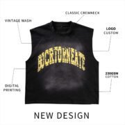 Custom 100% Cotton High Quality Street Retro Washed Distressed Vests Sleeveless t Shirts Boxy Crew Neck Printed Vests for Men - Image 4